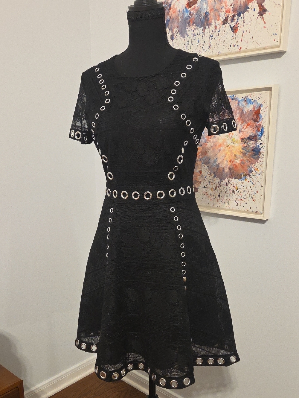 Black Lace Eyelet-Trim Fit & Flare Mini Dress